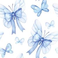 watercolor. seamless pattern with butterflies with blue bows and ribbons. festive print on white background vector