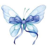 Watercolor. Drawing of a butterfly with a bow and a blue ribbon. vector