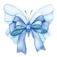 Watercolor drawing. Butterfly with a bow and a blue ribbon. vector