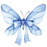 Watercolor. Drawing of a blue butterfly with a ribbon and a bow. vector