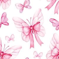 watercolor. seamless pattern with butterflies with pink bows and ribbons. festive print on white background vector