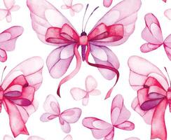 watercolor seamless pattern. butterflies with pink bows and ribbons. festive print on white background vector