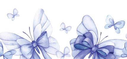 watercolor seamless border with butterflies with blue bows and ribbons. festive frame on white background vector