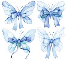 watercolor drawing, set of butterflies with bows and blue ribbon vector
