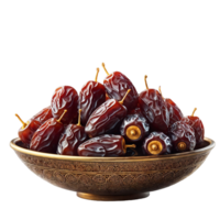 golden bowl filled with delicious dates, a staple for ramadan fasting isolated on transparent background png