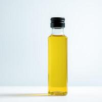 A glass bottle filled with yellow cooking oil photo