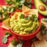 Delicious Guacamole with Tortilla Chips and Cilantro photo