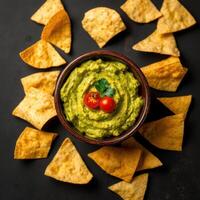 Guacamole Dip with Tortilla Chips and Tomatoes photo
