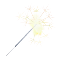 Watercolor hand drawn clipart of a lit sparkler with golden sparkling effects for holiday designs, celebrations, New Year, Christmas, weddings, Valentine's Day, birthdays or holiday themed project png