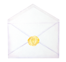 Watercolor illustration of an opened envelope with a gold wax seal featuring a heart symbol. Perfect for wedding invitations, romantic messages, love letters, greeting cards, Valentine's Day designs png