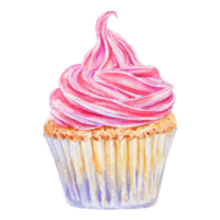 Watercolor illustration of a cupcake with vibrant pink swirled frosting and a golden, textured base in a paper liner. Perfect for dessert menus, greeting cards, party designs and bakery branding png
