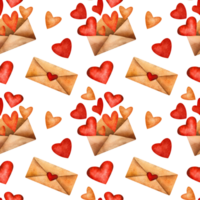 Watercolor Valentines Day seamless pattern with envelopes with heart seals, open letters with red and orange hearts, and scattered heart shapes. Romantic warm theme in vibrant red, orange and beige png