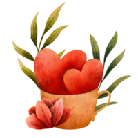 Watercolor Valentines Day illustration of a beige cup filled with red hearts, surrounded by green leaves and a pink flower. Romantic and elegant design with warm, natural colors and soft textures png