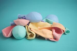 A Variety of Colorful Balloons Piled Together on a Vibrant Teal Background photo