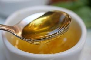 A Beautiful Golden Honey Displayed in a Spoon and a Dish for Enjoyment photo