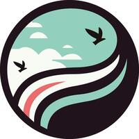 a circular logo with a bird flying over the clouds vector