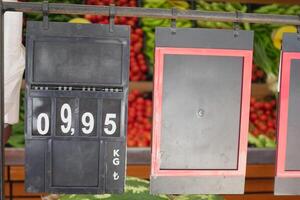 Display of Fresh Produce Prices in Local Market for Shopping Enthusiasts photo