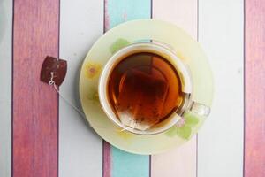 A Cup of Aromatic Tea Resting on a Colorful Wooden Table Surface photo