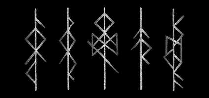 A set of five mystery bindrunes Norse deities, drawn in a minimalist dotwork style. The runes are Freya, Odin, Thor, Loki, and Tyr. vector
