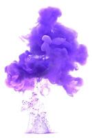 Purple ink dropped in to water isolated white background. Abstract color dissolving in water photo