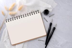 Blank book with dip pen and dried grass on stone texture background. photo
