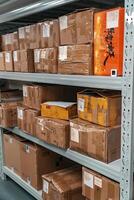 A Storage Area Featuring Packed Boxes Arranged Neatly on Shelves and Racks for Inventory photo