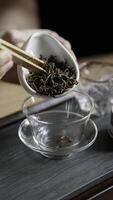 Engaging in a beautiful tea ceremony featuring loose leaves, exquisite teaware, and rich aroma photo