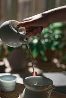 The Art of Elegant Tea Pouring in Soft Natural Light Creating a Serene Atmosphere photo