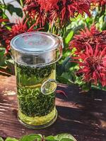 Enjoy a Refreshing Herbal Tea Infusion Served in a Beautiful and Tranquil Garden Setting photo