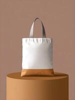 A tote bag mockup is presented on a podium studio backdrop photo