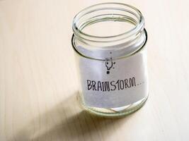 Close-up view of a glass jar in a minimalist home office brainstorming session photo