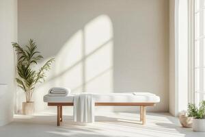 A serene massage room featuring a single table, white towels, and warm lighting photo