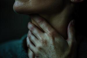 Close-up of hands gently massaging a client is neck, set against a blurred background photo