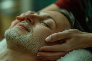 Hands carefully massaging the neck of a client in focus, with a soft, blurred background photo