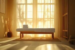 A tranquil massage setup with neutral colors, white towels, and warm lighting photo