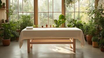 A minimalist spa room with a massage table, neutral linen photo
