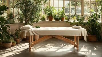 A massage table with neutral linen in a bright room featuring natural light, indoor plants photo