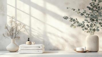 A calm, minimalist setup with eucalyptus and neatly folded towels in soft white and beige photo