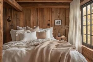 Cozy bedroom interior with knitted blanket and pillows in rustic cabin during winter photo