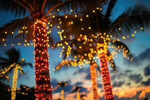 Palm trees decorated with christmas lights at sunset creating a tropical holiday atmosphere photo