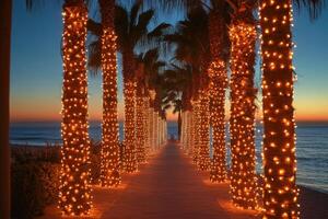 Palm trees decorated with string lights creating a magical walkway at sunset photo