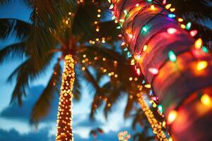 Christmas lights decorating palm trees at twilight creating a festive tropical atmosphere photo