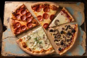 Delicious pizza slices with various toppings resting on rustic wooden board photo