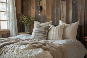 Cozy bedroom interior with knitted blanket and pillows in rustic cabin during winter photo