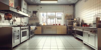 Industrial kitchen displaying functionality and professionalism in restaurant setting photo