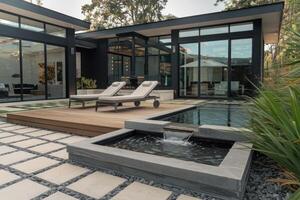 Modern house with swimming pool and waterfall featuring deck chairs photo