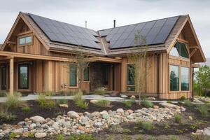 Modern wooden house generating its own green energy with solar panels photo