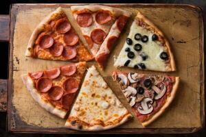 Delicious pizza slices with various toppings resting on rustic wooden board photo