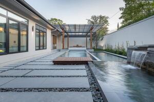 Modern backyard with swimming pool, waterfall and pergola creating relaxing ambiance photo