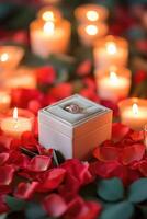 Romantic proposal with engagement ring surrounded by rose petals and burning candles photo